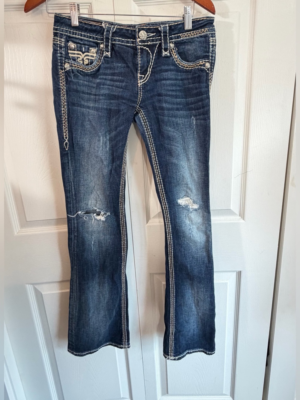 Rock Revival Kai Bootcut Jeans Size 27 Distressed Thick Stitch Buckle Y2K